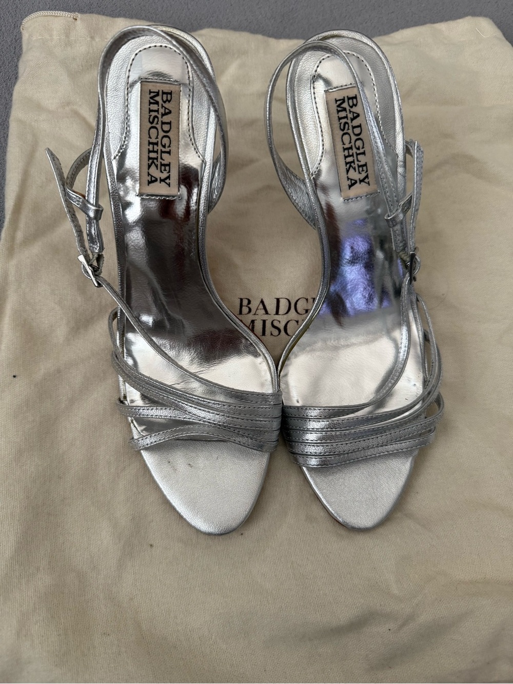 Badgley Mischka Metallic Silver Strappy Slingback Heels